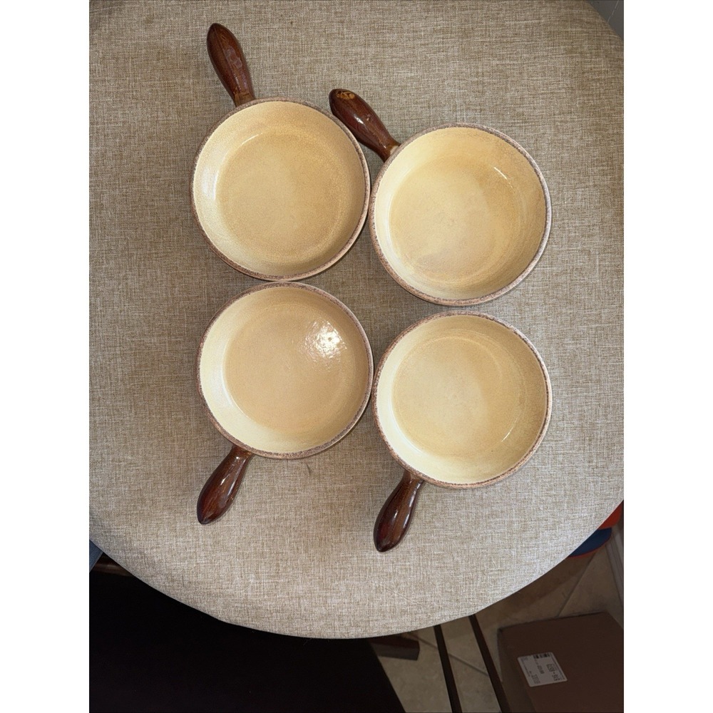 VTG Peasant Village 5" Set Stoneware Au Gratin Dishes W/Handle Brown Drip Glaze